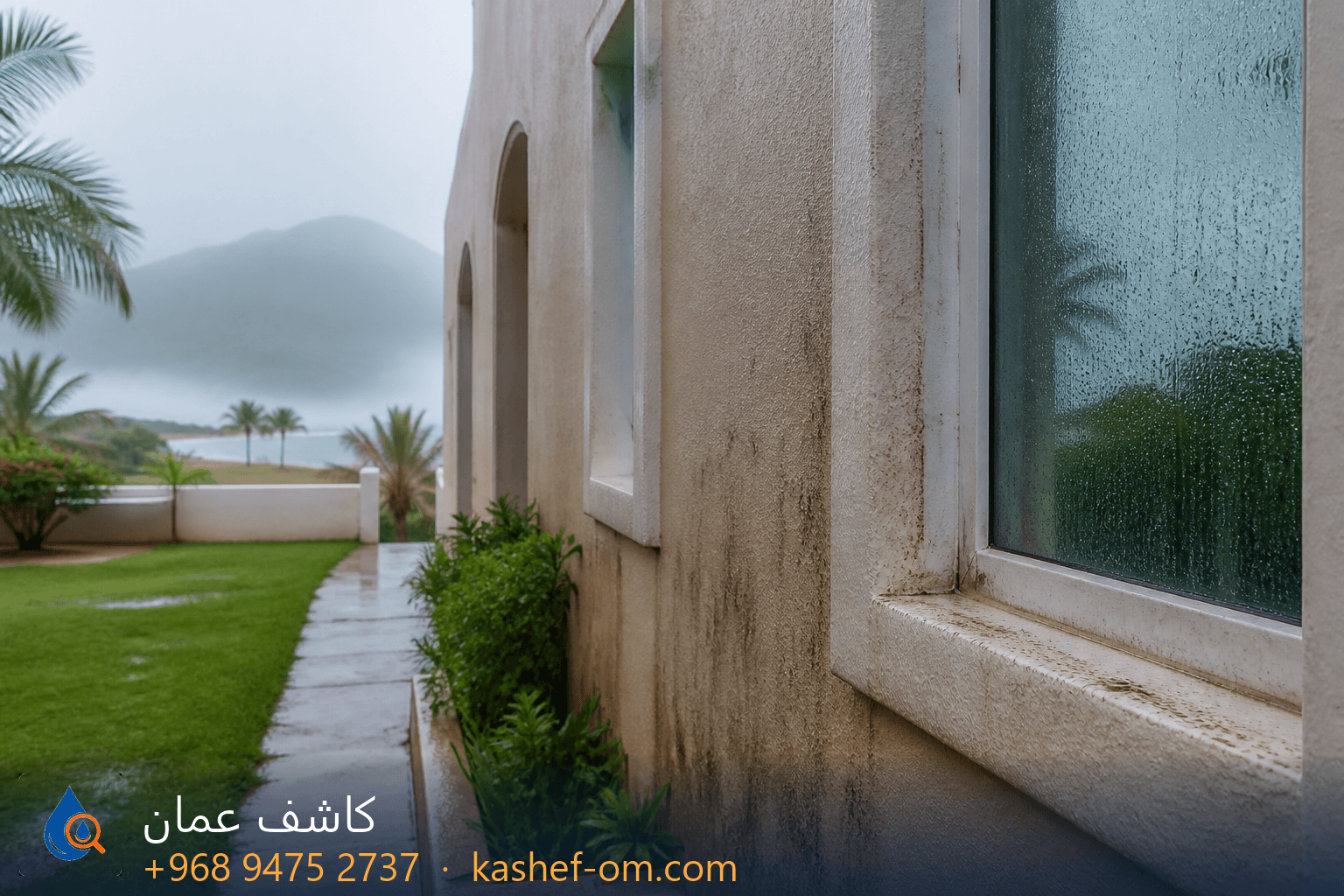 رطوبة وتكثف على جدار خارجي في موسم خريف صلالة — تمييز الرطوبة من التسريب