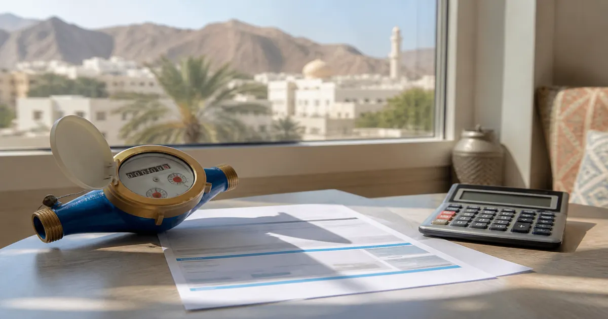 عداد مياه وفاتورة على طاولة — دليل أسعار كشف تسربات المياه في مسقط وعُمان